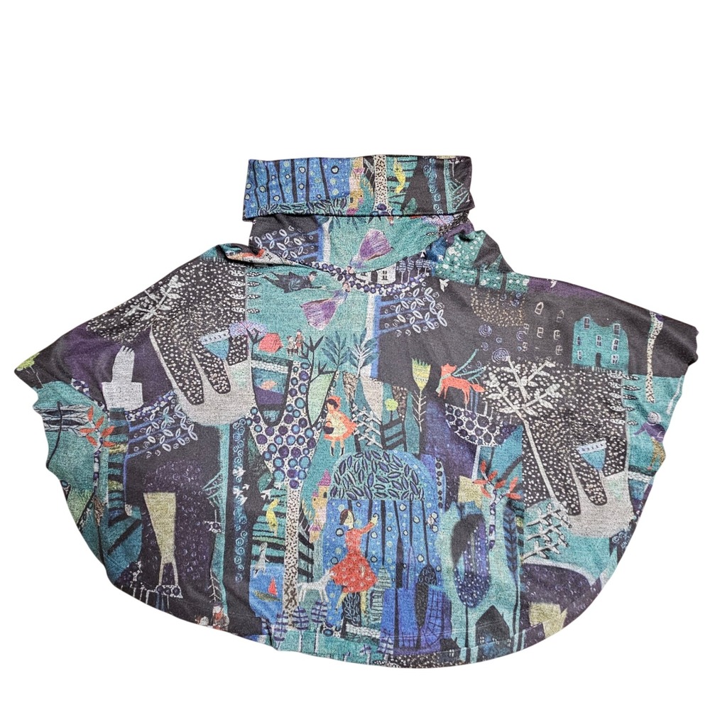 Ineah Storybook Village Print Cowl Neck Poncho Top M Art To‎ Wear Poly Rayon